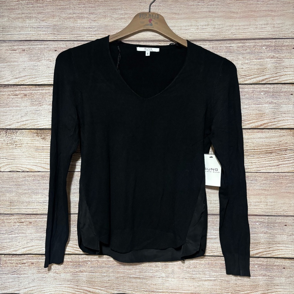 ALFRED SUNG Black V-Neck Long Sleeve Layered-Hem Top‎